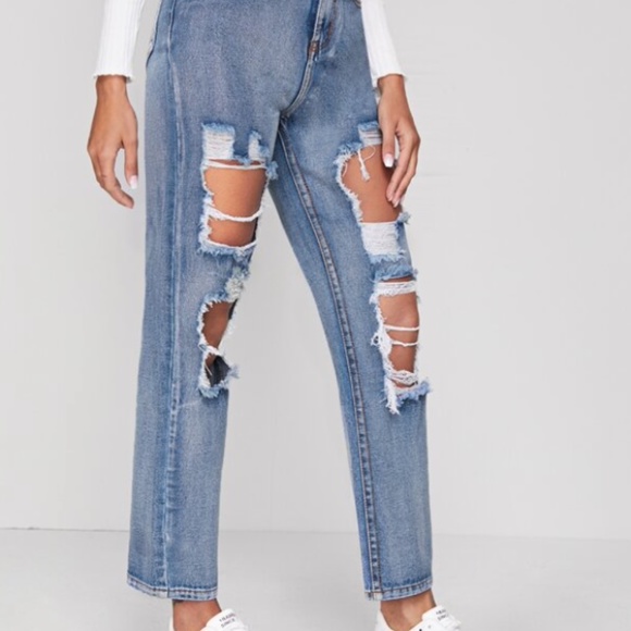 Shein High Waisted Distressed Slant Pocket Baggy Jeans - Picture 3 of 12
